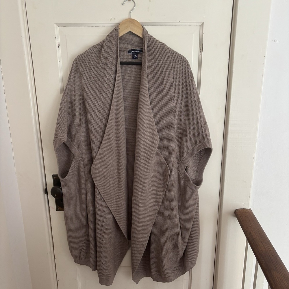 Lands End Women's Gray Waffle Knit Long Open Cardigan Size 2X (20W-22W)